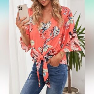 Luvamia Women's V Neck 3/4 Sleeve Floral Knot Tie Tops size L
